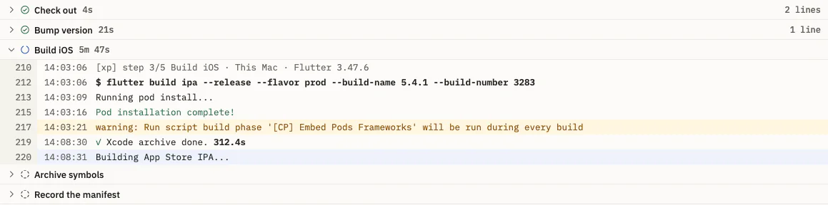 The log of an iOS build job, grouped by step: check out took 4 seconds, bump version 21 seconds, and the build iOS step shows flutter build ipa with the release flavor, build name 5.4.1 and build number 3283, a CocoaPods warning, and Xcode archive done in 312.4 seconds.